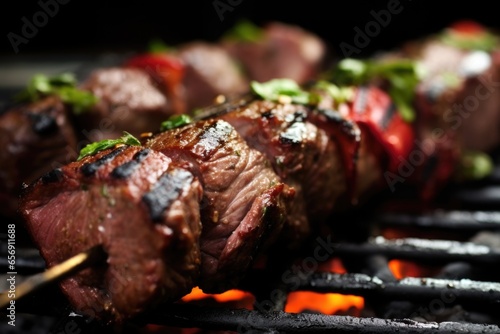 macro shot of grilled lamb kebabs, glistening with juices