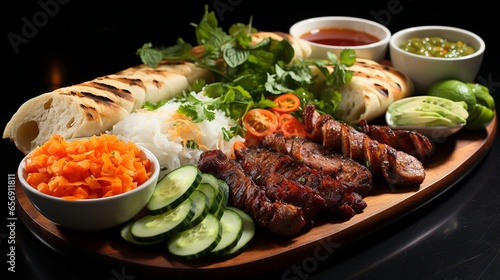 A platter of assorted Vietnamese street food, including banh mi and fresh spring rolls. photo