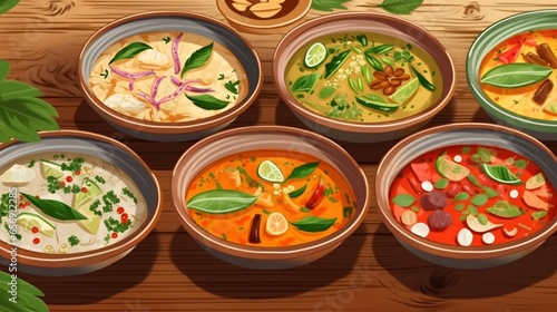 A platter of colorful Thai curry dishes with fragrant herbs and rice.