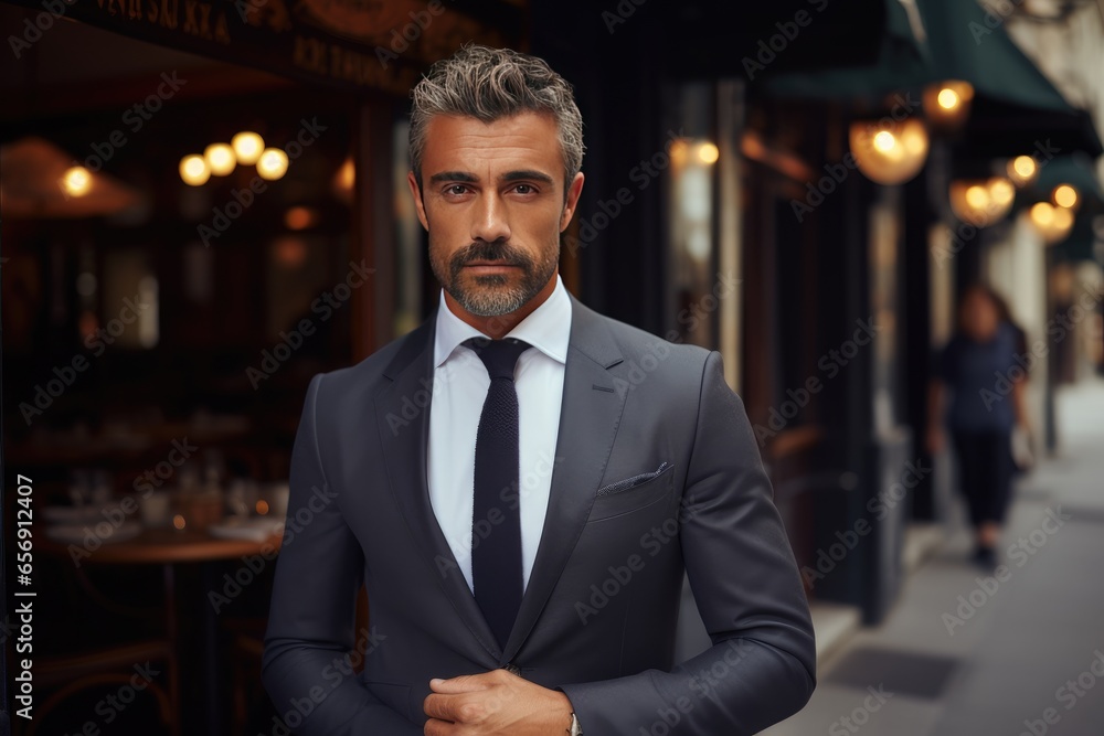 Man with a beard and mustache businessman in a stylish classic suit on the street. Man with a beard and mustache businessman in a stylish classic suit on the street.