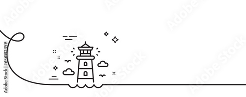 Lighthouse line icon. Continuous one line with curl. Beacon tower sign. Searchlight building symbol. Lighthouse single outline ribbon. Loop curve pattern. Vector