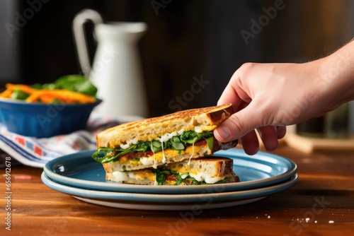 a hand serving up a grilled sandwich onto a ceramic plate © Alfazet Chronicles