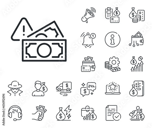Money bribe crime sign. Cash money, loan and mortgage outline icons. Fraud line icon. Cash corrupt symbol. Fraud line sign. Credit card, crypto wallet icon. Inflation, job salary. Vector