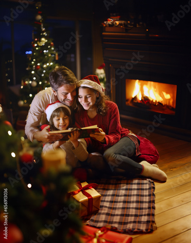 A joyful family gathering around a warm fireplace during Christmas. Generative ai