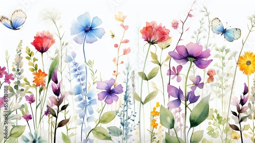 Modèle minimaliste fleurs multicolores sans couture avec feuilles, plantes et insectes. Vecteur, idéal pour les cartes postales, les affiches, la décoration. IA générative, générative, IA