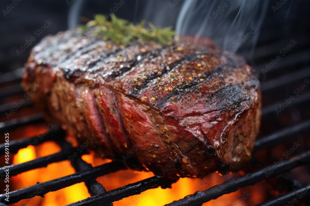 grilled steak alone on a grill with charcoal beneath it