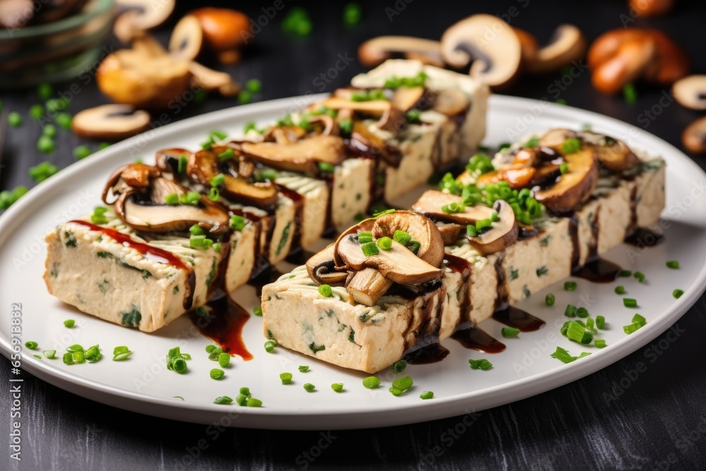grilled tofu steak stuffed with mushrooms on a flat platter grilled tofu steak stuffed with mushrooms on a flat platter