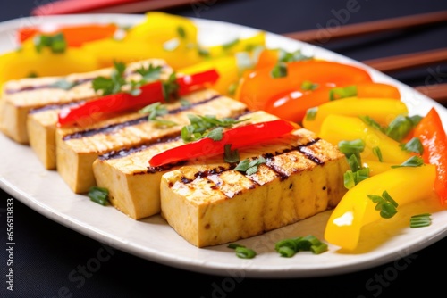 grilled tofu steak with red and yellow bell pepper slices
