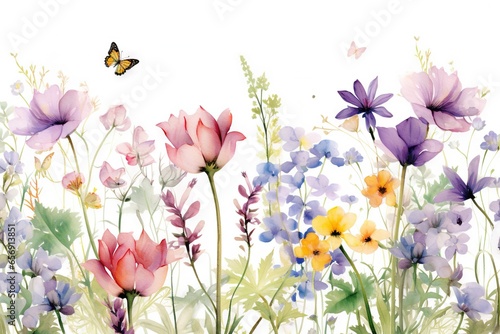 Fleurs multicolores abstraites minimalistes sans couture avec feuilles, plantes et insectes. Vecteur, idéal pour les cartes postales, les affiches, la fête des mères. IA générative, générative, IA © Merilno