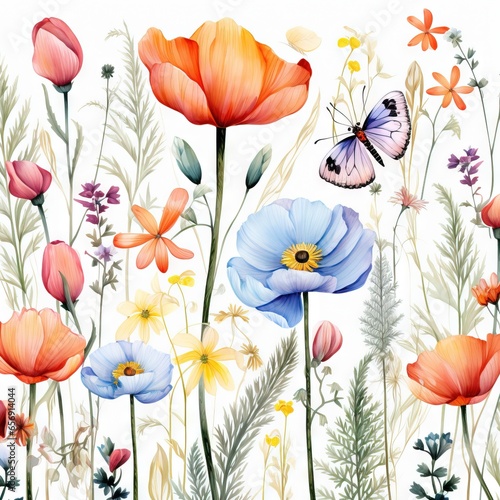 Fleurs multicolores abstraites minimalistes sans couture avec feuilles, plantes et insectes. Vecteur, idéal pour les cartes postales, les affiches, la fête des mères. IA générative, générative, IA