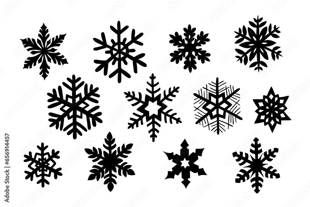 Winter hand drawn silhouette set of snowflakes for Christmas decoration. Sketch outline design for Christmas decoration, stickers, pattern. Black contour elements on white background Winter hand drawn silhouette set of snowflakes for Christmas decoration. Sketch outline design for Christmas decoration, stickers, pattern. Black contour elements on white background