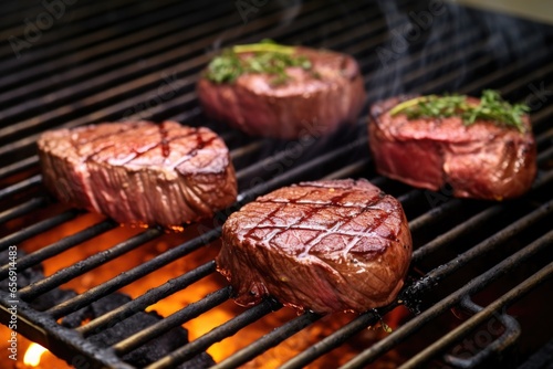 venison steaks on an electric grill with metal grate details
