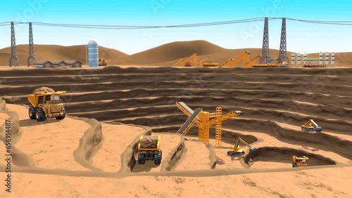 Bumper Truck and Bulldozer Digging Mine. Mining and Construction Equipment 3D Animation Video.
