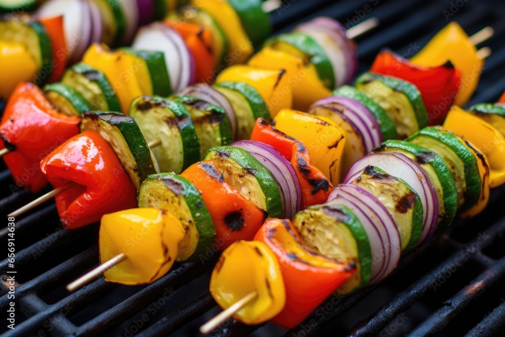 close view of grill marks on a vegetable kabob