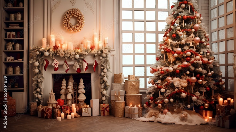 empty christmas table background with christmas tree out of focus for product display montage ai generated