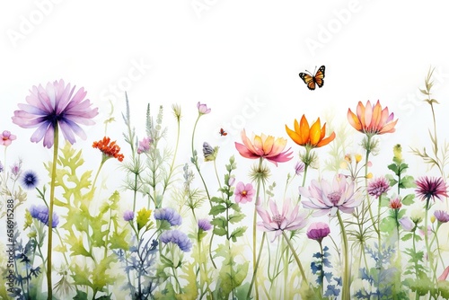 Fleurs multicolores sans couture aquarelle minimaliste avec feuilles, plantes et insectes. Vecteur, idéal pour les cartes postales, les affiches, la décoration. IA générative, générative, IA © MiniMaxi