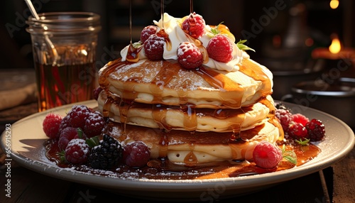 Delicious Pancakes, A stack of pancakes adorned with fresh fruits and tasty syrup