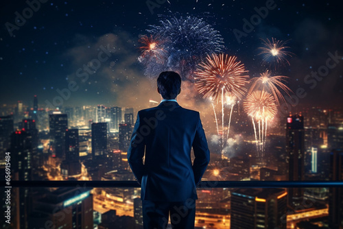 Businessman Enjoying New Year's Rooftop Fireworks