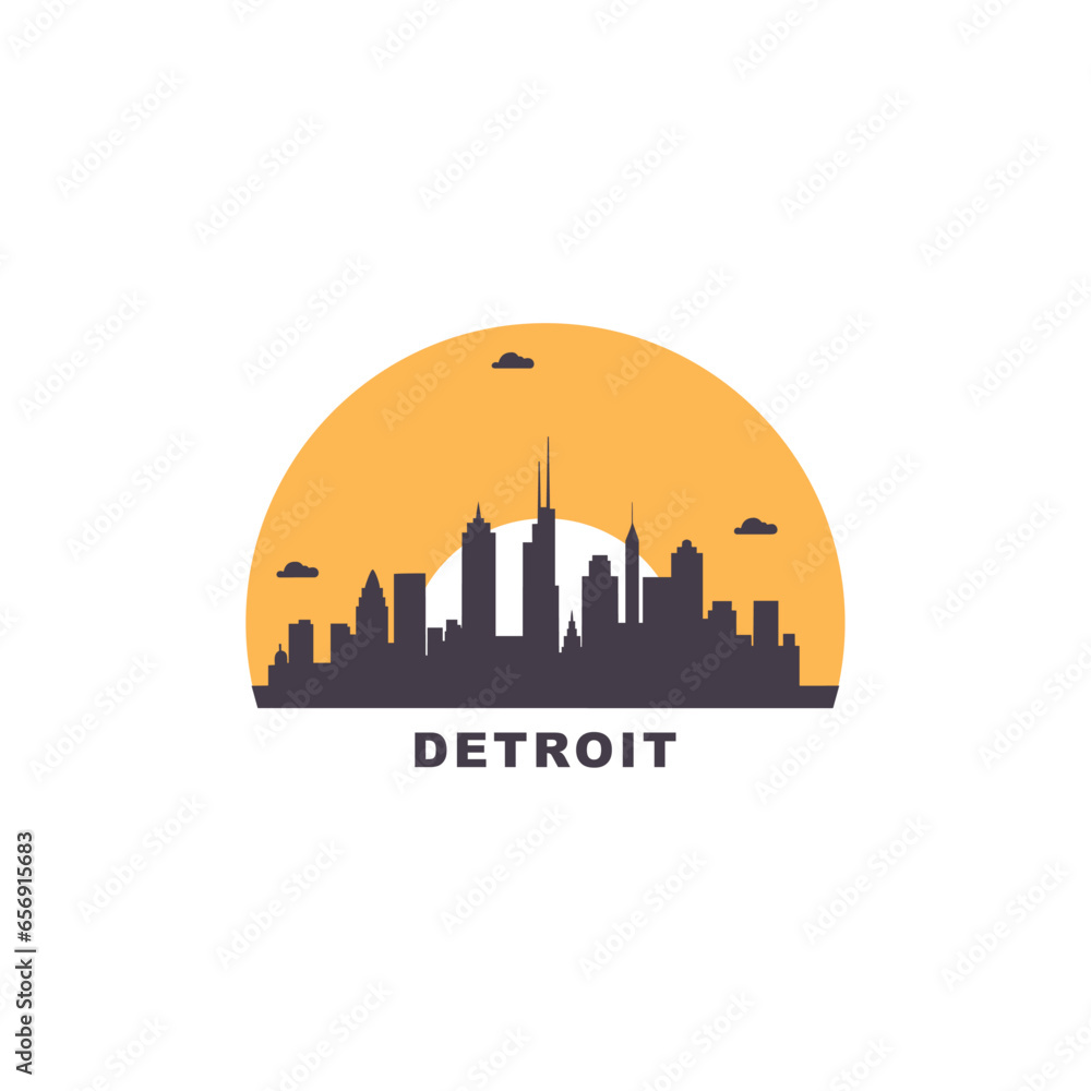 Detroit US Michigan cityscape skyline city panorama vector flat modern logo icon. USA, state of America emblem idea with landmarks and building silhouettes. Isolated graphic