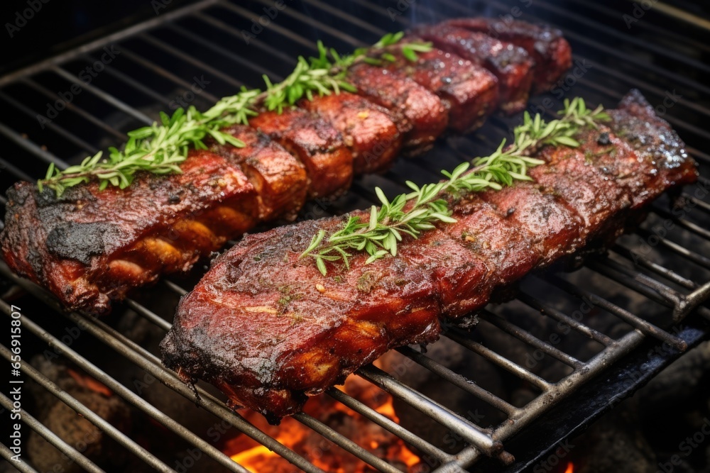 smoked ribs garnished with fresh herbs on a metal grill
