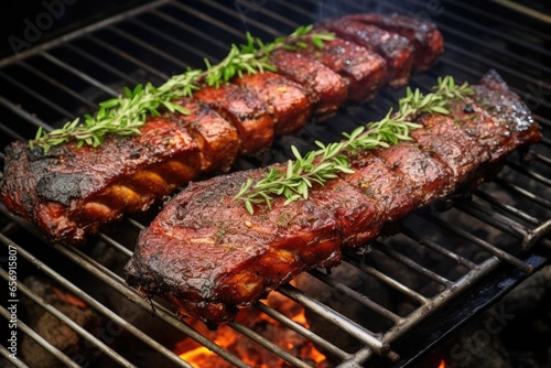 smoked ribs garnished with fresh herbs on a metal grill