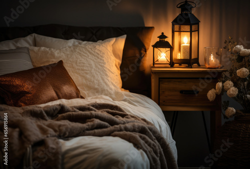 Cozy bedroom with stylish decor in autumnal style