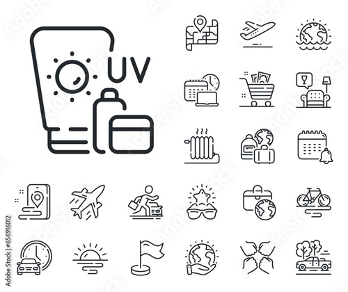 Uv Sun cream sign. Plane jet, travel map and baggage claim outline icons. Sunscreen line icon. Sunblock lotion symbol. Sunscreen line sign. Car rental, taxi transport icon. Place location. Vector