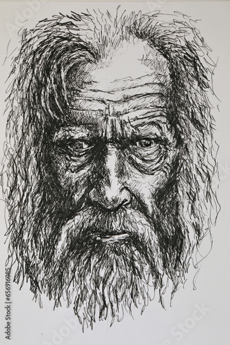 Old man with a mustache - illustration. Detailed drawing of an old sad man with a mustache and beard, drawn by a liner.