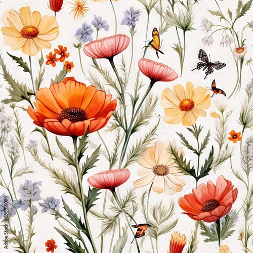 Fleurs multicolores abstraites minimalistes sans couture avec feuilles  plantes et insectes. Vecteur  id  al pour les cartes postales  les affiches  la d  coration. IA g  n  rative  g  n  rative  IA