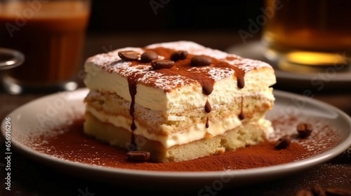 A slice of classic tiramisu with layers of mascarpone and espresso-soaked ladyfingers.