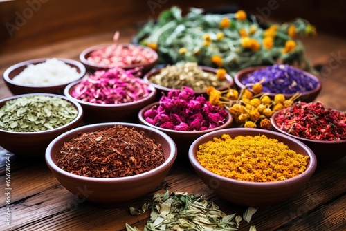 assortment of colorful medicinal herbs flat laid on a wooden table