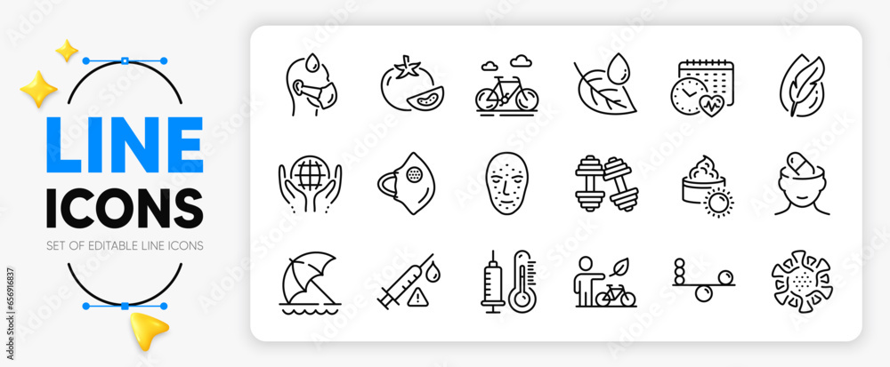 Medical mask, Sun cream and Organic tested line icons set for app include Vaccine attention, Depression treatment, Leaf dew outline thin icon. Face biometrics, Cardio calendar. Vector