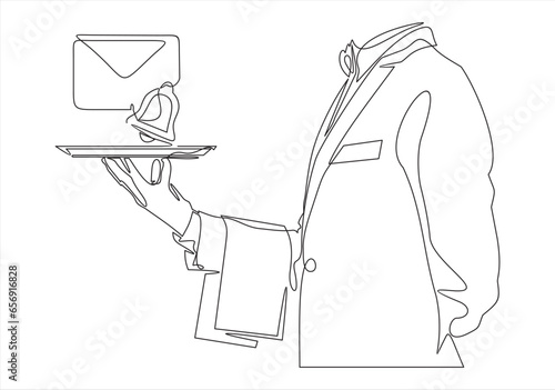 Waiter holding food tray. One line drawing. Restaurant worker concept. One continuous line drawing of hand holding Email message post letter send. Vector illustration