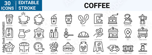 set of 30 line web icons coffee. Icoffee maker machine, beans, Espresso cup. Collection of Outline Icons. Vector illustration.