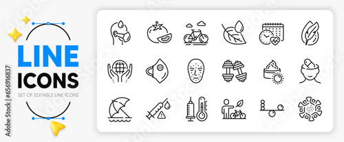 Medical mask, Sun cream and Organic tested line icons set for app include Vaccine attention, Depression treatment, Leaf dew outline thin icon. Face biometrics, Cardio calendar. Vector