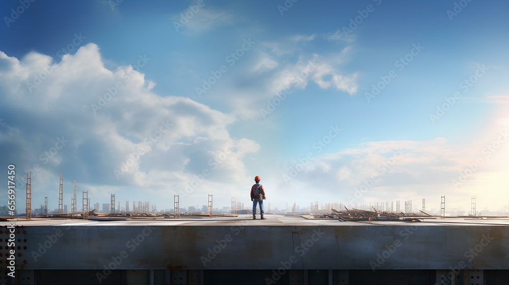 Building construction site and worker standing on steel and concrete material and blue sky ai generated 