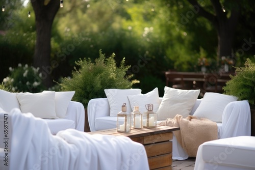 white blankets draped over outdoor seating arrangement