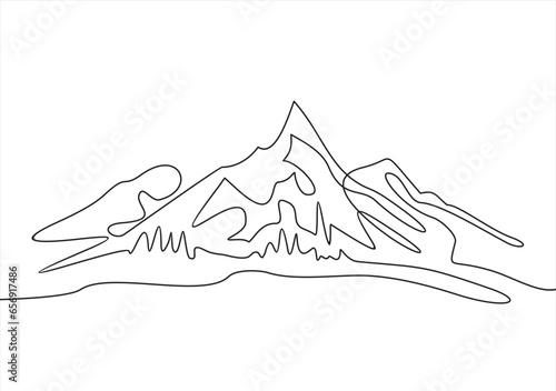 One continuous line drawing of mountain range landscape. Web banner with mounts in simple linear style. Adventure winter sports concept isolated on white background. Doodle vector illustration