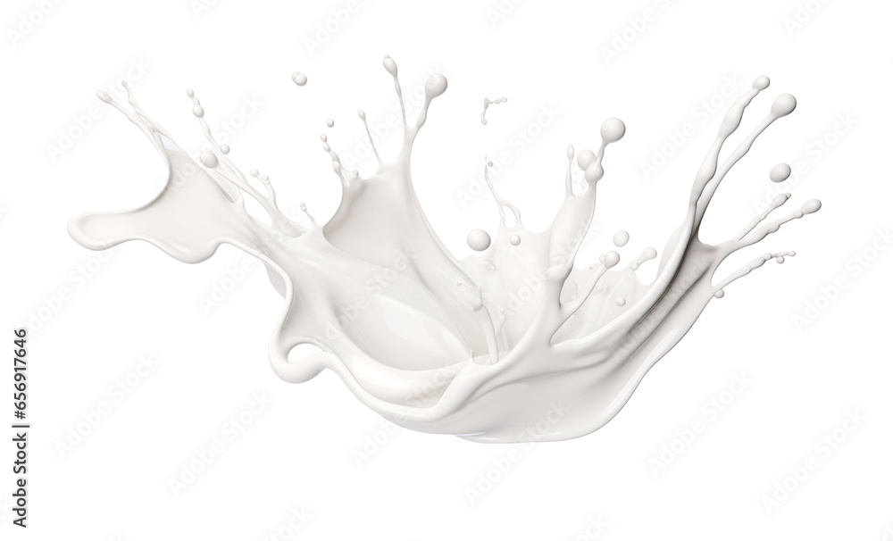 White milk wave splash with splatters and drops. Isolated on a transparent background. - obrazy, fototapety, plakaty 