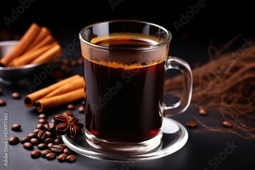 black coffee in a glass mug with cinnamon sticks