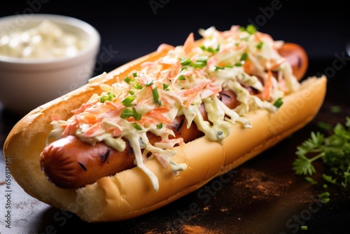 a hot dog topped with creamy coleslaw
