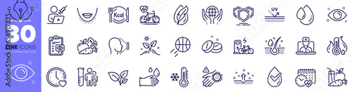 Leaves, Rubber gloves and Juice line icons pack. Cardio bike, Uv protection, Telemedicine web icon. Vegetables, Basketball, Grow plant pictogram. Organic tested, Serum oil, Calories. Vector