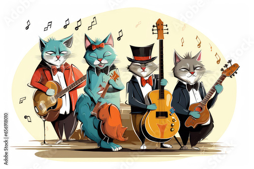 Abstract illustration of funny cartoon musical team of cats