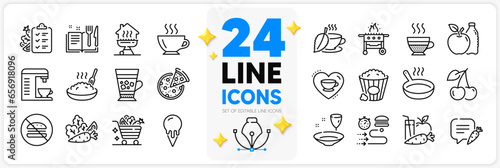 Icons set of Love coffee, Cherry and No burger line icons pack for app with Coffee machine, Vegetables, Food delivery thin outline icon. Frappe, Porridge, Gas grill pictogram. Apple. Vector