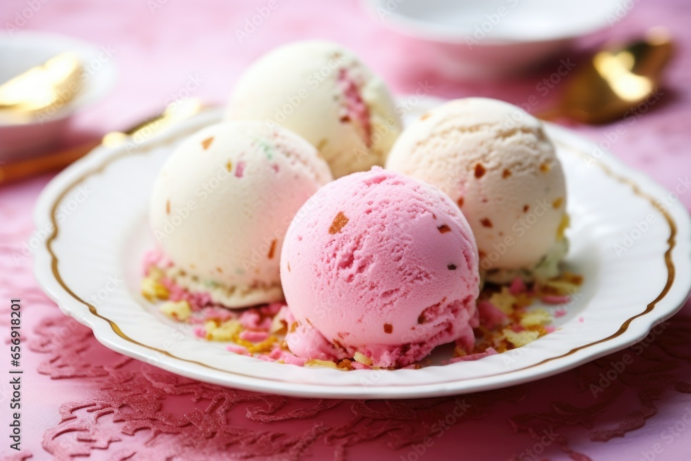 neapolitan ice cream scoops on a pastel pink plate neapolitan ice cream scoops on a pastel pink plate
