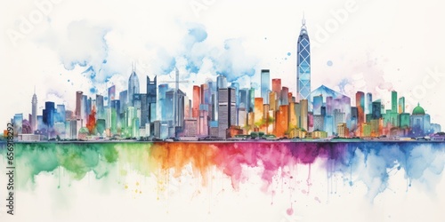 Rainbow Aquarelle Silhouette of Hong Kong's Iconic Cityscape, Showcasing Victoria Peak, Tian Tan Buddha, and the Vibrant Tapestry of Chinese Culture