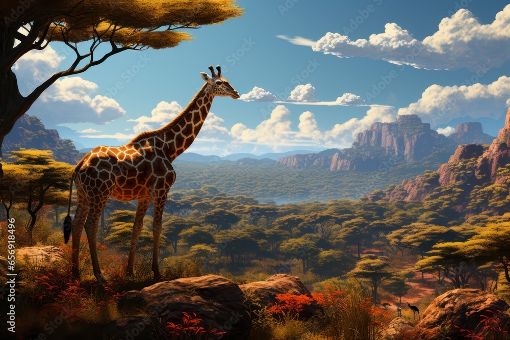 Obraz premium Beautiful image of a giraff and mother walking in the dry grass of savanna at sunset. African wildlife. Generative Ai