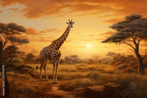 Beautiful image of a giraff and mother walking in the dry grass of savanna at sunset. African wildlife. Generative Ai