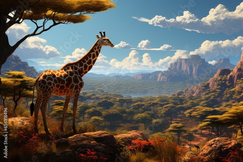 Beautiful image of a giraff and mother walking in the dry grass of savanna at sunset. African wildlife. Generative Ai