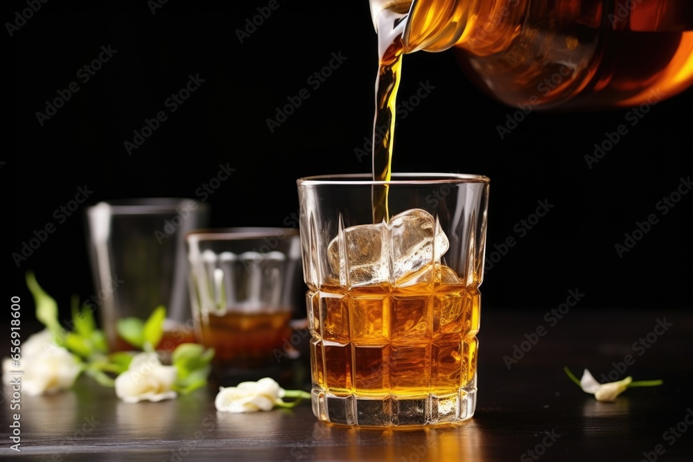 pouring sweet syrup into a glass of iced jasmine tea pouring sweet syrup into a glass of iced jasmine tea